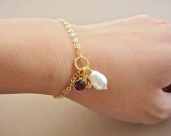 Personalized Simple White/Cream Teardrop Pearl Bracelet - choose your BIRTHSTONE and personalized LETTER - Bride, Bridal party, Bridesmaid