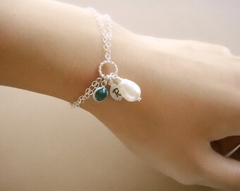 Personalized Simple White/Cream Teardrop Pearl Bracelet - choose your BIRTHSTONE and personalized LETTER - Bride, Bridal party, Bridesmaid