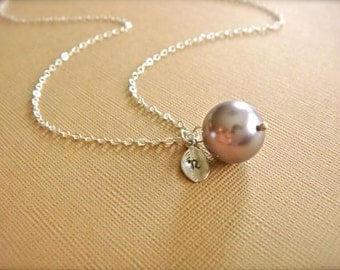 Personalized Simple Mauve Pearl Necklace in Silver - Wedding, Bride, Bridal, Bridesmaid, Mother's Day