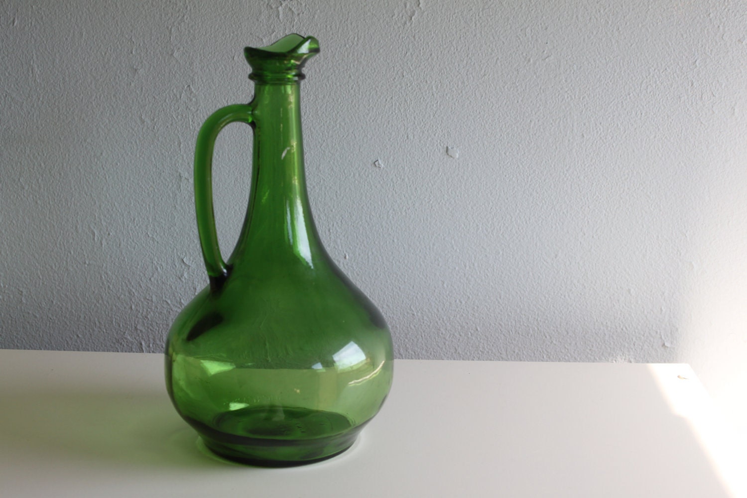 Green Glass Bottle with Handle and Spout 1970s Wine by feathermar