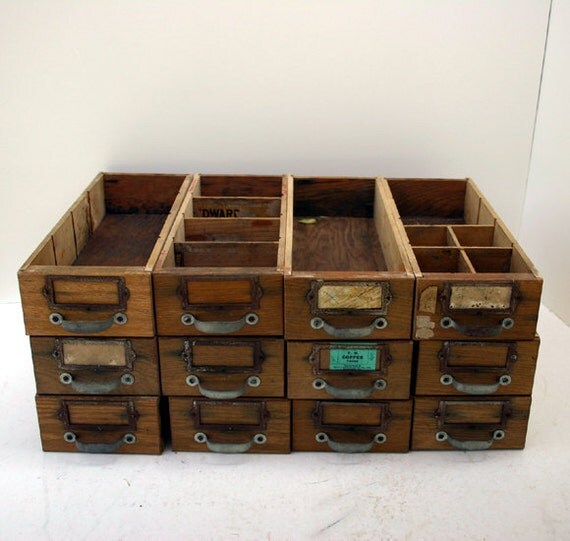 12 Vintage Wood Shop Drawers / Industrial Storage Drawers