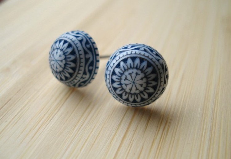 Stud Earrings Navy Vintage Lucite on Stainless Steel by IrinSkye