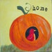 Home - bird in pumpkin mini painting on canvas, greeting, small art, kitchen art, autumn, red bird, fall