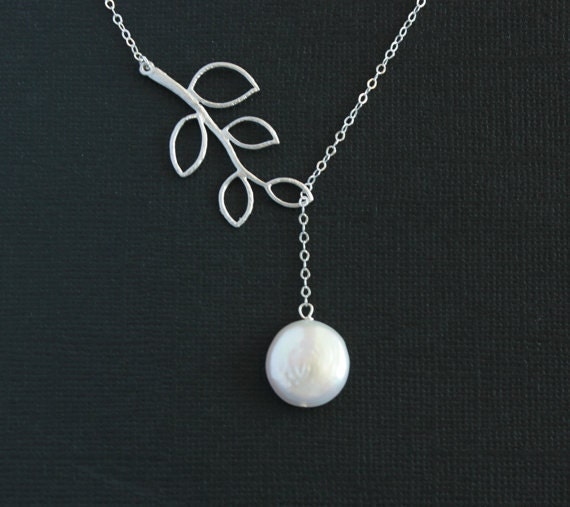 Lariat pearl necklace branch leaf Sterling Silver chain