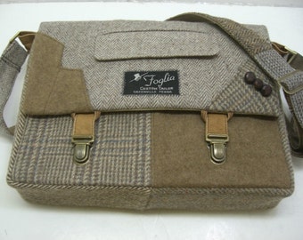 Messenger Bag, 13" Laptop Sleeve,Trunk Latch collar and sleeve accents,Recycled Suit Coat