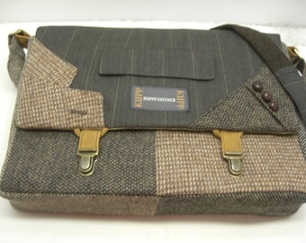 Womens, Mens Messenger Bag 15" Laptop Sleeve,Trunk Latch collar and sleeve accents,Recycled Suit Coat
