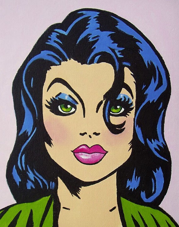 Items similar to brunette comic pop art girl green eyes 