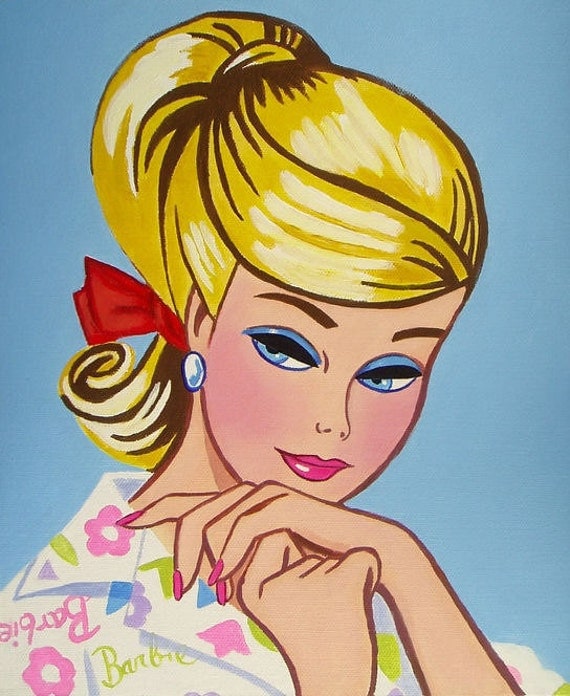 Retro Vintage Barbie girl doll blonde Acrylic Painting on