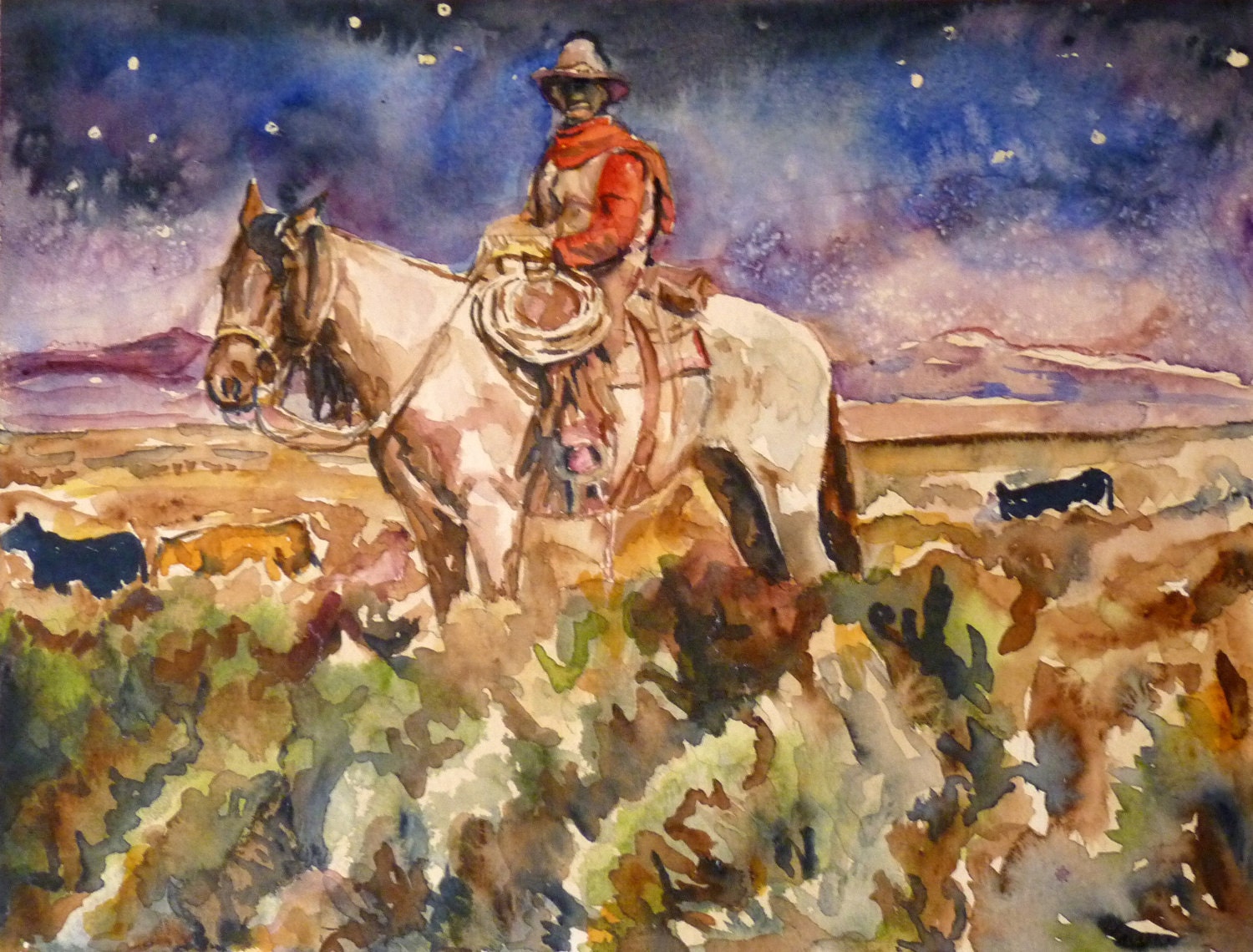 Starlight Cowboy Watercolor Art Print by Maure Bausch