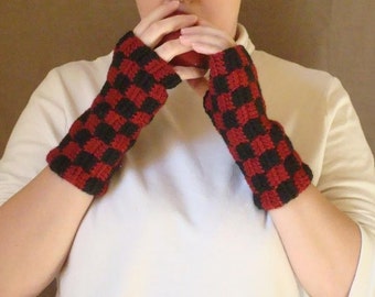 Checkered Black and Red Fingerless Gloves for Men or Women - Crochet Wrist Warmers, Arm Warmers, Fingerless Mittens - Checkers MADE TO ORDER