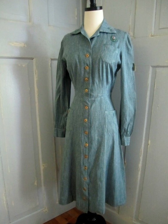 1940s 40s Girl Scout Dress Den Leader Uniform with Sash Blue