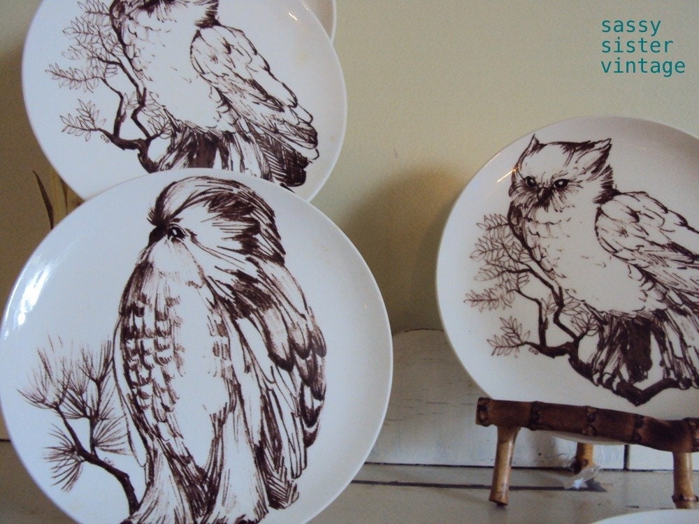 Vintage Owl Plates 1960s Set of 6 Very Cool Plates