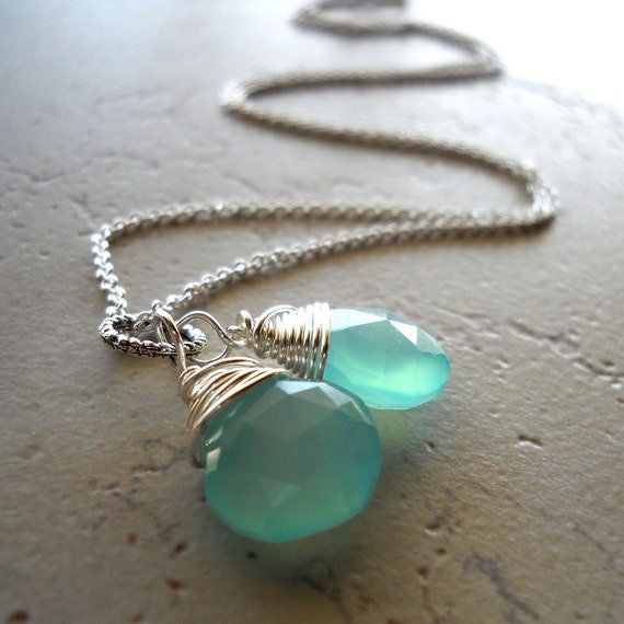 Aqua Chalcedony Necklace Double Drop Necklace Wire by waterwaif