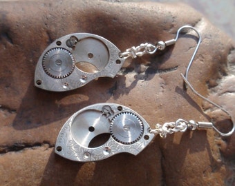 Vintage Antique steampunk Watch Guilloche engraved Earrings
