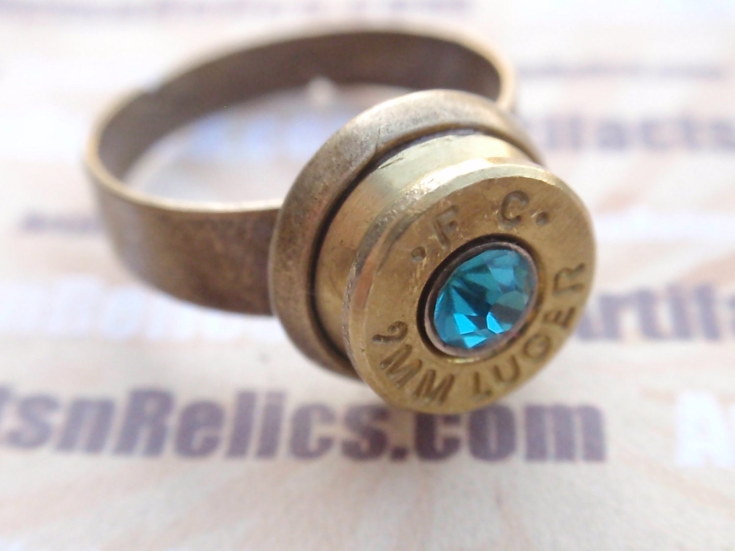 Bullet Casing Ring 9mm Up Cycled Shell Casing w Teal Aqua