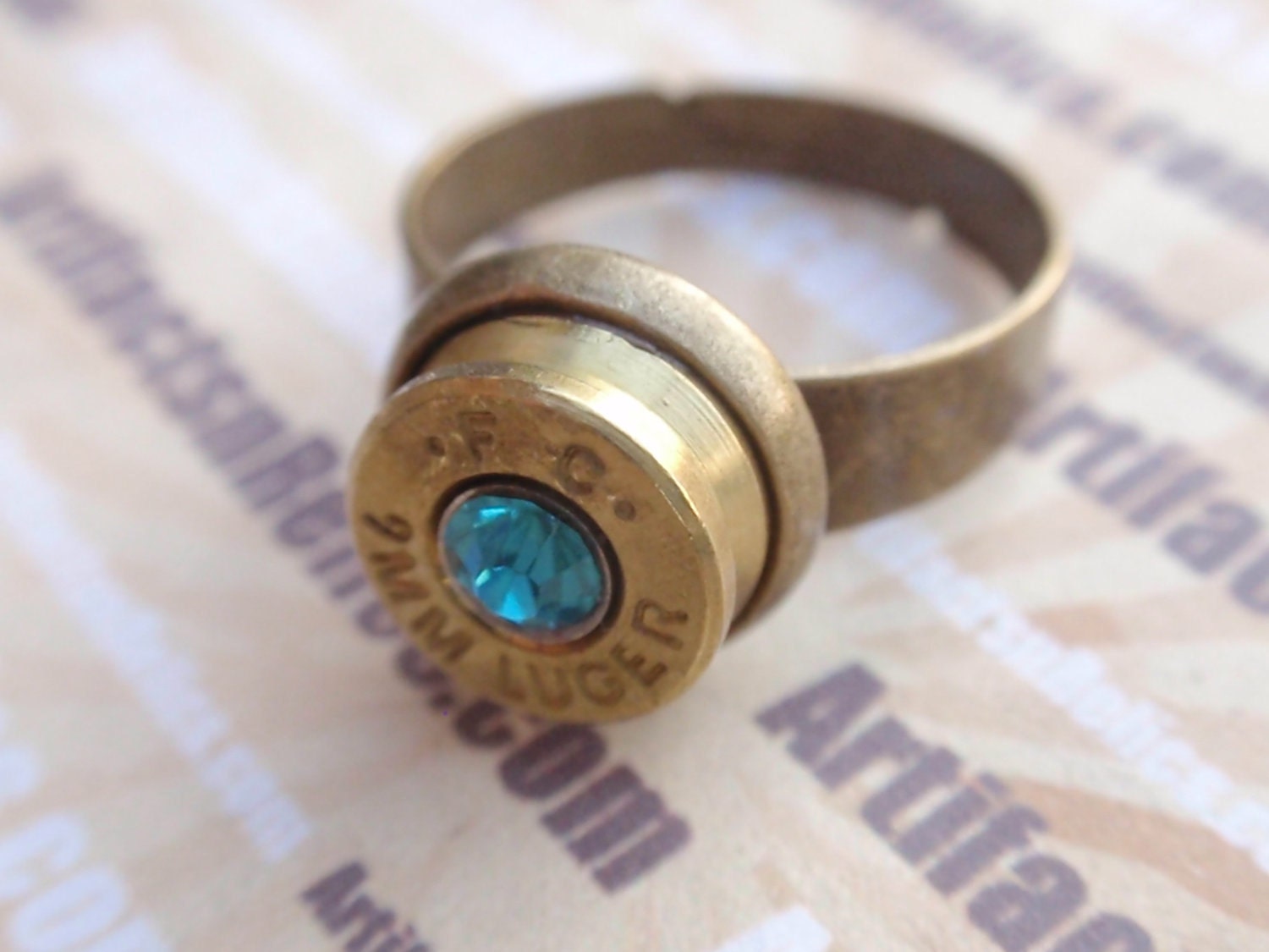 Bullet Casing Ring 9mm Up Cycled Shell Casing w Teal Aqua