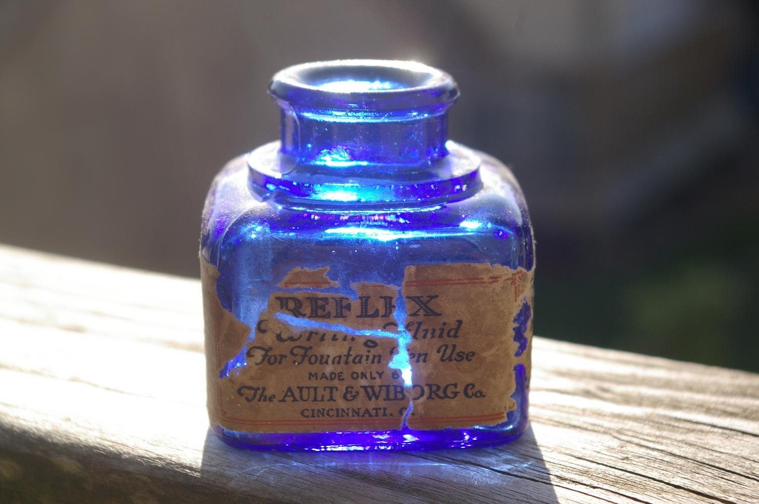 Cobalt Blue Reflex Ink Bottle Vintage Antique with Label