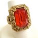 Antique Ring Art Nouveau with Red Rhinestone and Brass Leaves Vintage