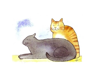 Grey and Orange Cats Watercolor Greeting Card Print\ 'Cats In Repose'