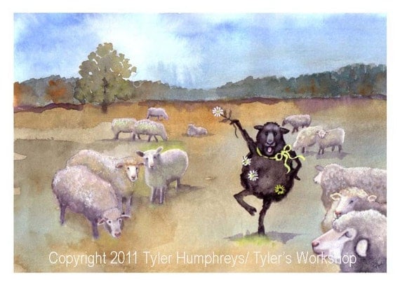 Funny Sheep Greeting Card Black Sheep Watercolor Painting