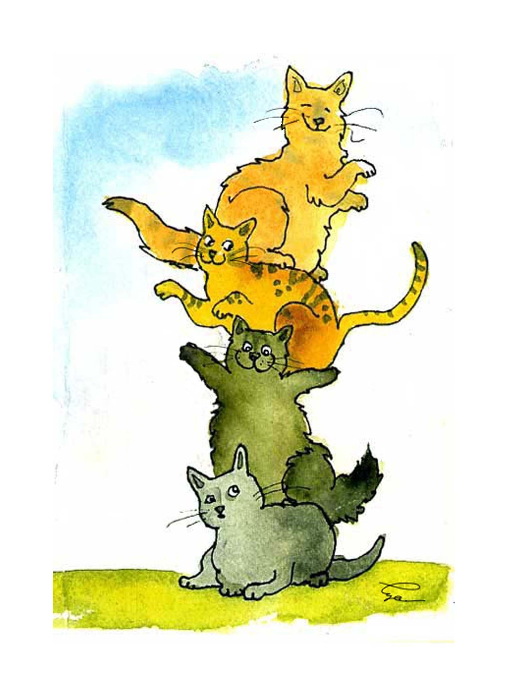 Cats Greeting Card Funny Cats Watercolor Painting