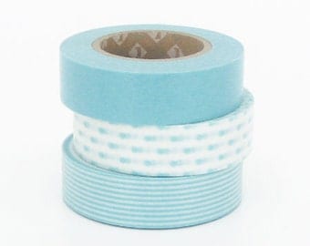 1 DOLLAR SALE - Discontinued Japanese Washi Masking Tapes / Baby Blue Stripe, Dots, Solid set of 3 for Baby Showers (15m Long, 50% more)