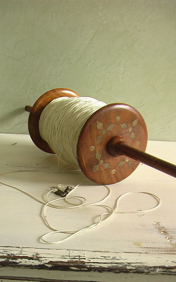 Wooden Kite String Spool Vintage with brass inlay