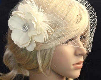 Ivory Bridal veil vail and Vintage inspired detachable hair flower Fascinator Blusher Wedding Reception - Evelyn