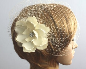 Birdcage veil Vintage inspired Blusher and Detachable Bridal Fascinator Magnolia Wedding Reception - Acelin