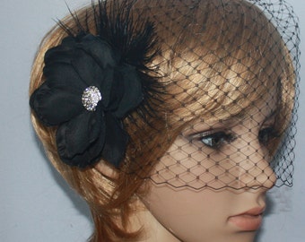 Bridal Birdcage veil Blusher and Detachable Fascinator (2 items) Wedding Reception - Evelyn - Black