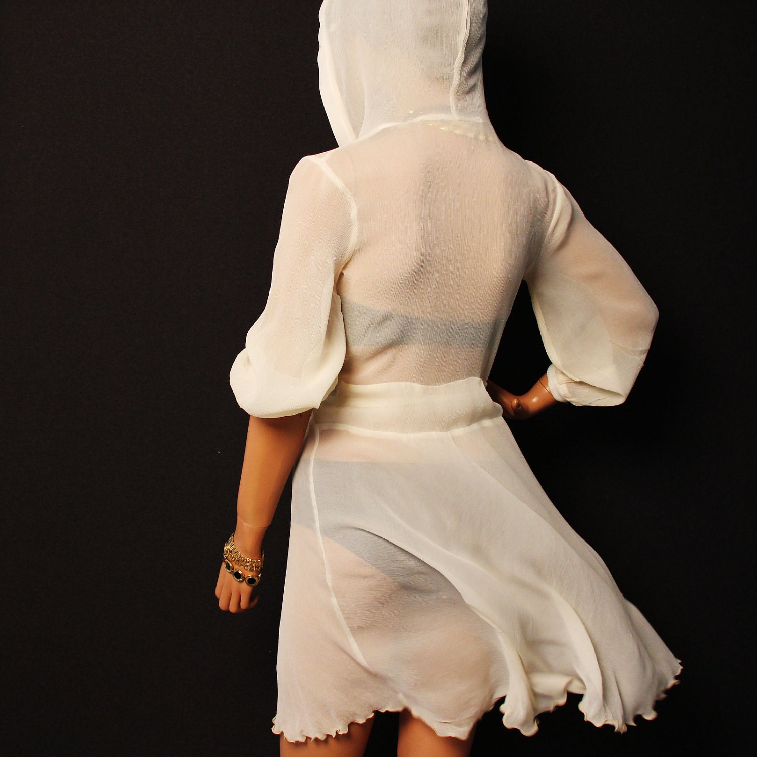 Ivory white sheer silk hooded dress