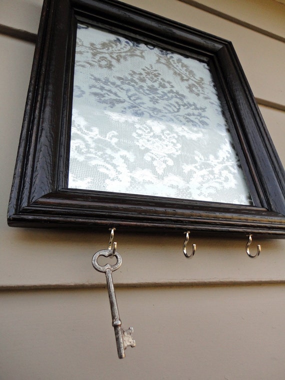 Items similar to silver mirror key holder with damask lace on Etsy