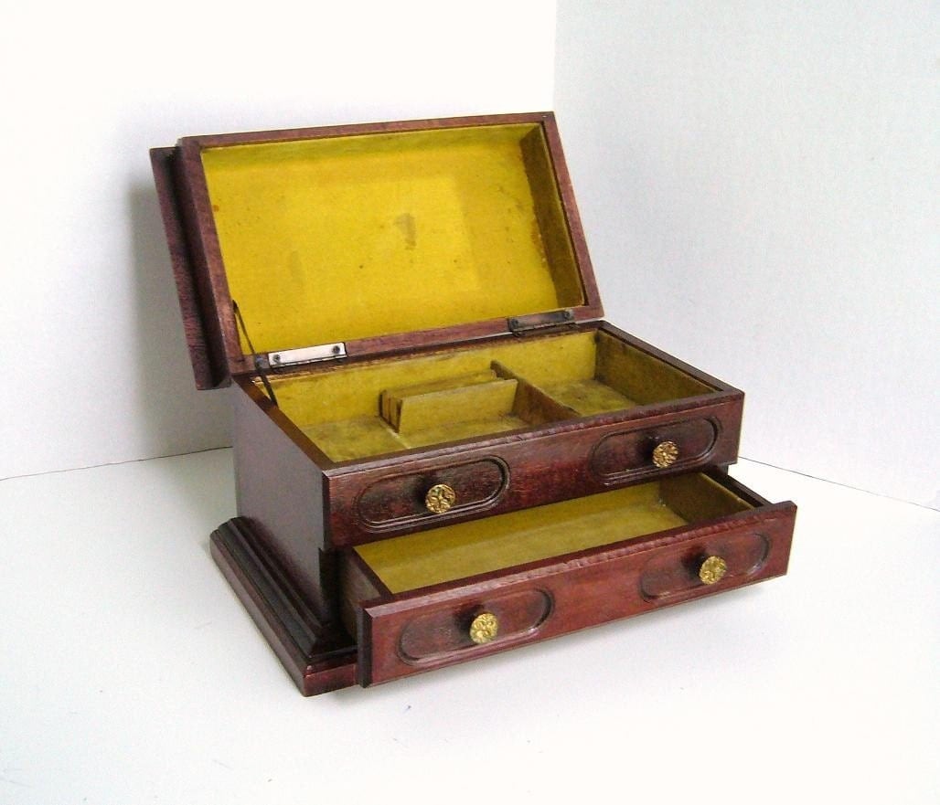 Vintage Wooden Jewelry Box with Drawer and Flip Top