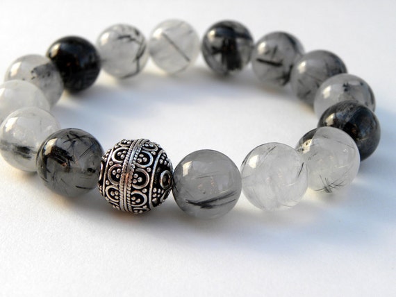 Tourmalinated Quartz and Sterling Silver Beaded Bracelet