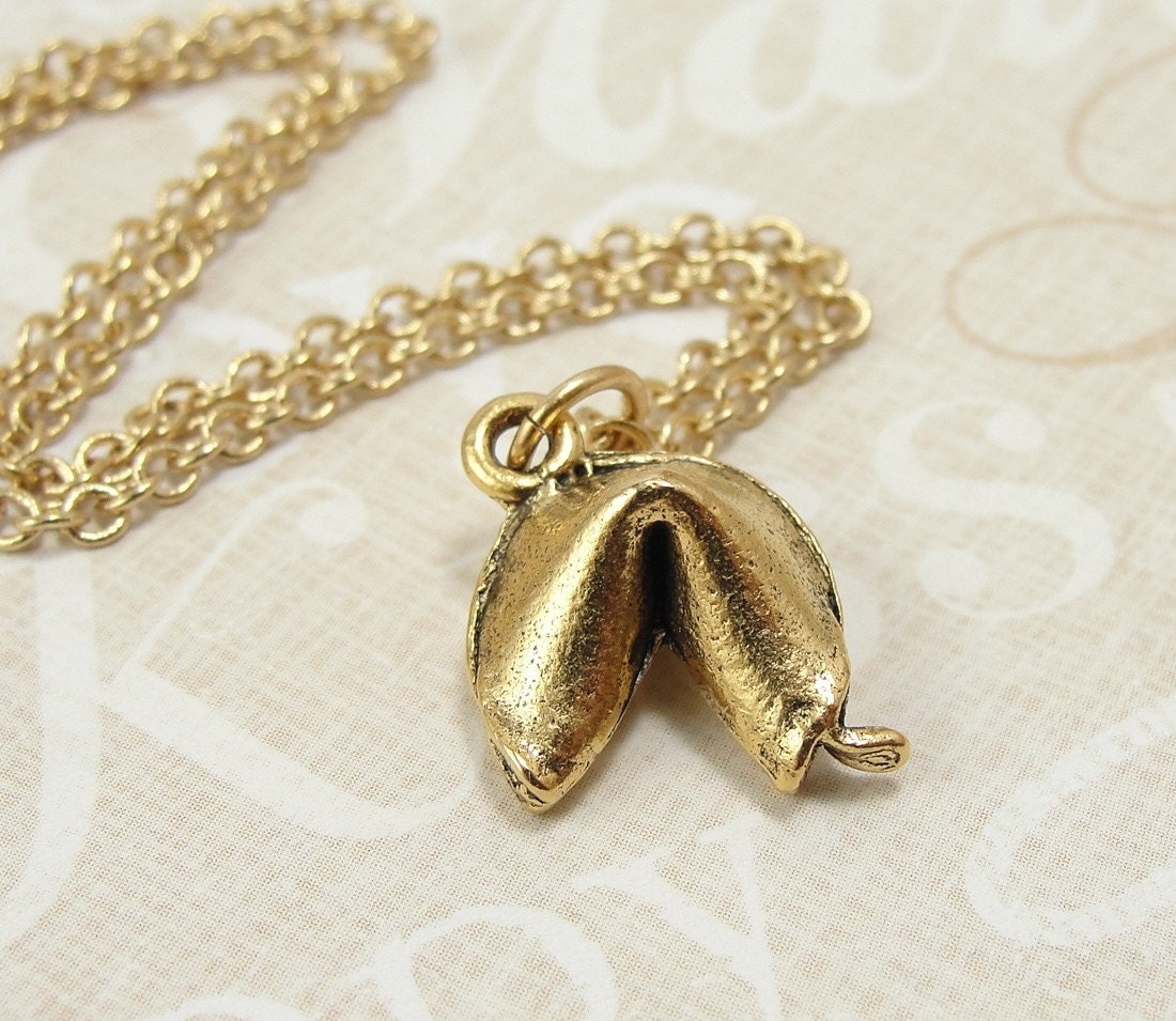 Fortune Cookie Necklace Gold Plated Charm on a by treasuredcharms