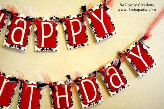Black and White Damask with Red Happy Birthday Banner