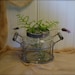 Vintage Style Glass Vase - Attached Frog Lid - Distressed Metal and Wood Handles
