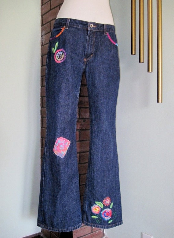 Hand Embroidered Hippie Jeans/Flowers/Size 11/12 Average