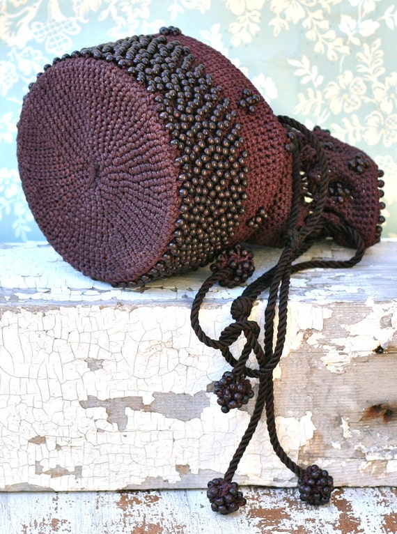 Vintage Crochet Beaded Drawstring Bag Purse Cocoa Brown