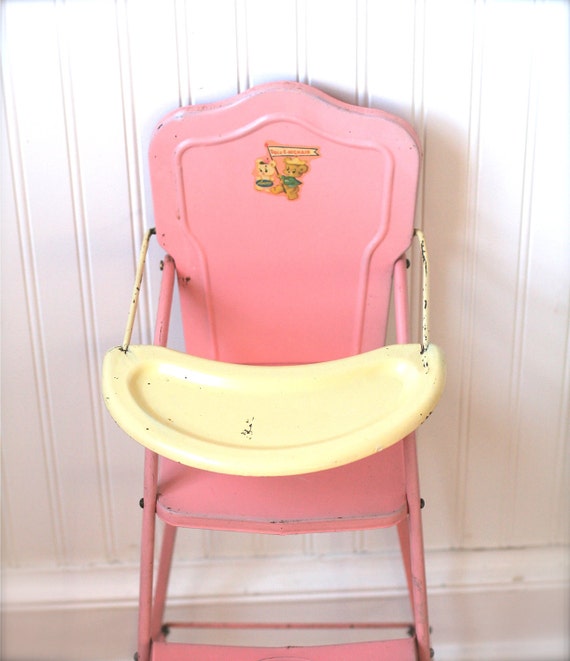 Circa 1950s Metal Amsco Doll E Highchair Pink Yellow Teddy