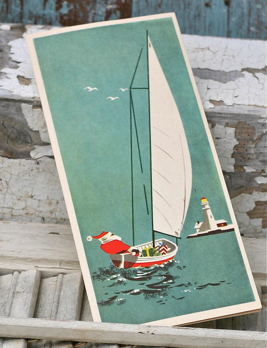 Vintage Mid Century Christmas Cards Santa Sailboat 2373