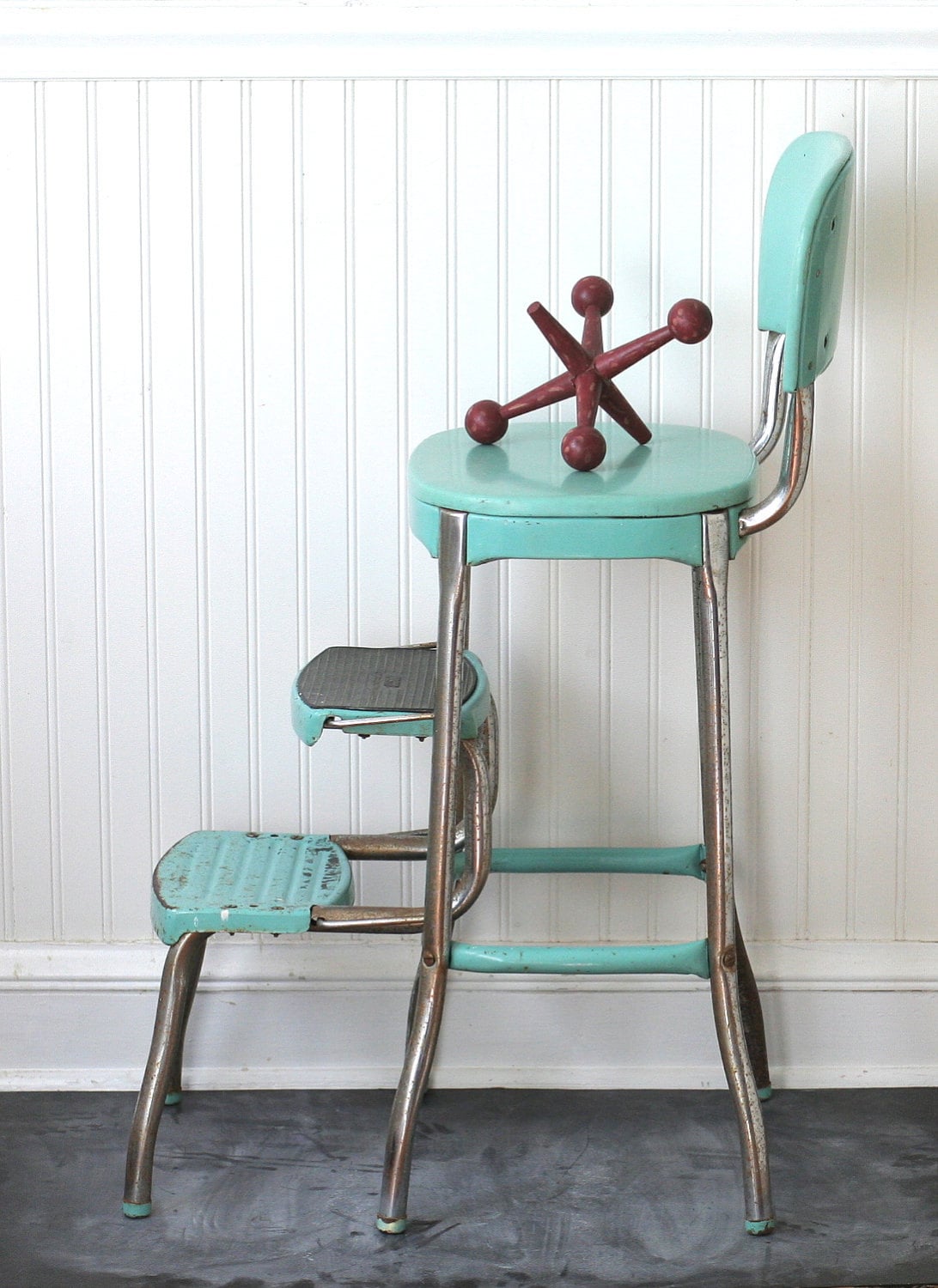 Circa 1950s Cosco Fold Out Step Stool Chair Aqua Turquoise