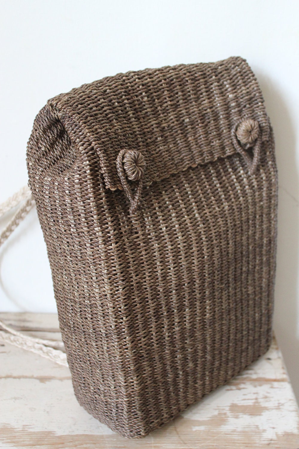 Brown Woven Wicker Basket Backpack