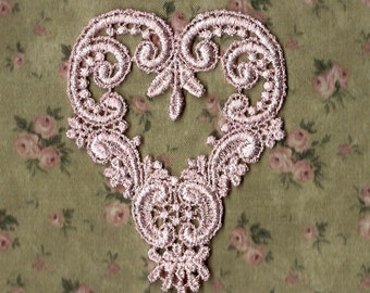 Hand Dyed Venise Lace Applique Victorian Heart vintage Blush Pink