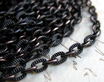 Black antiqued brass necklace chain by the foot - "Caravaggio" - etched flat cable chain, 4x3mm (1 foot) (30cm) aged patina, textured