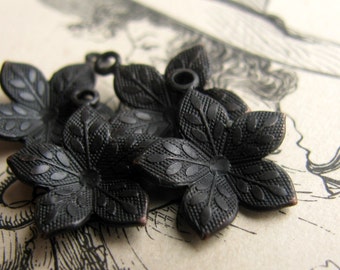 Cupped black flower charm, dark antiqued brass, 12mm (6 little flower charms) aged patina, oxidized brass charm