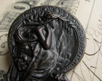 Art Nouveau Mucha style ornament "Poetry" antiqued brass stamping, aged black patina, 45mm, 1 3/4 inches Harvest Maiden OR-FF-017