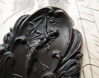 Art Nouveau, Mucha "Dance" ornament - water nymph - large, dark antiqued brass - 68mm, 2 3/4 inches, woman, hair, flat brass stamping
