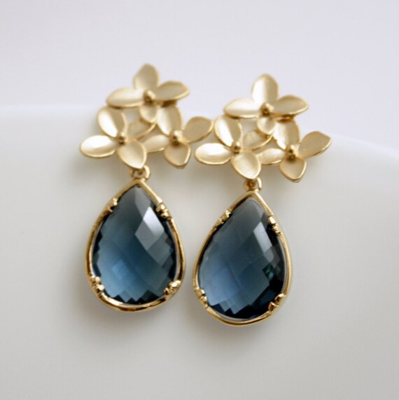 Gold Cherry Blossom Earrings with Sapphire Blue Glass
