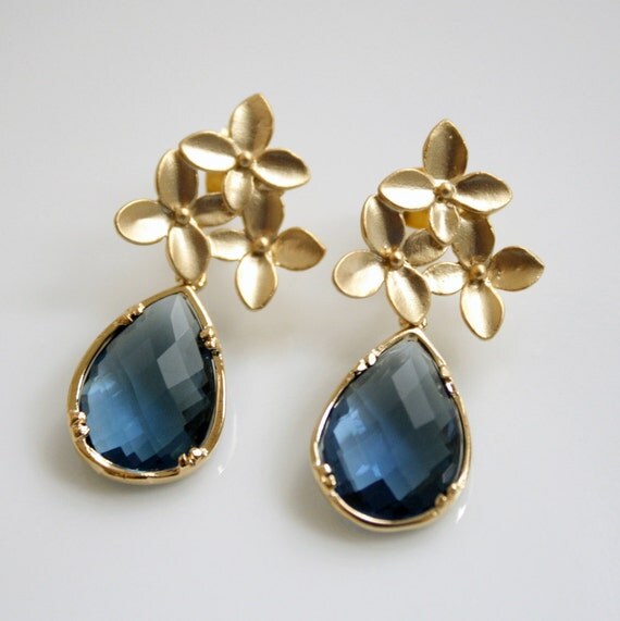 Gold Cherry Blossom Earrings with Sapphire Blue Glass